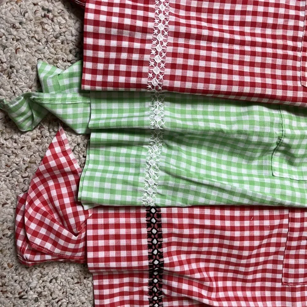 3 VTG Homemade Embroidered 2 Red 1 Green Gingham Check Pleated Aprons Mid Cent
